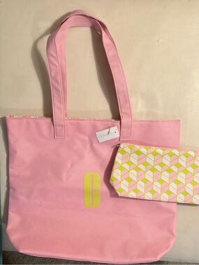 Clinique Pink Tote with Yellow Logo and Geometric Coordinating Zip Mini NWT